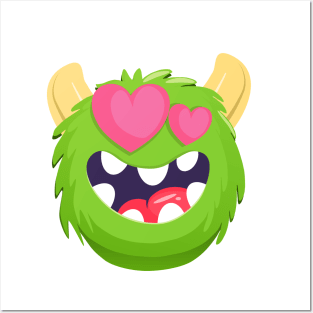 Green hairy valentine monster with heart eye Posters and Art